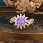 Nature-Inspired Sunflower 4-Prong Round Cut Amethyst Engagement Ring